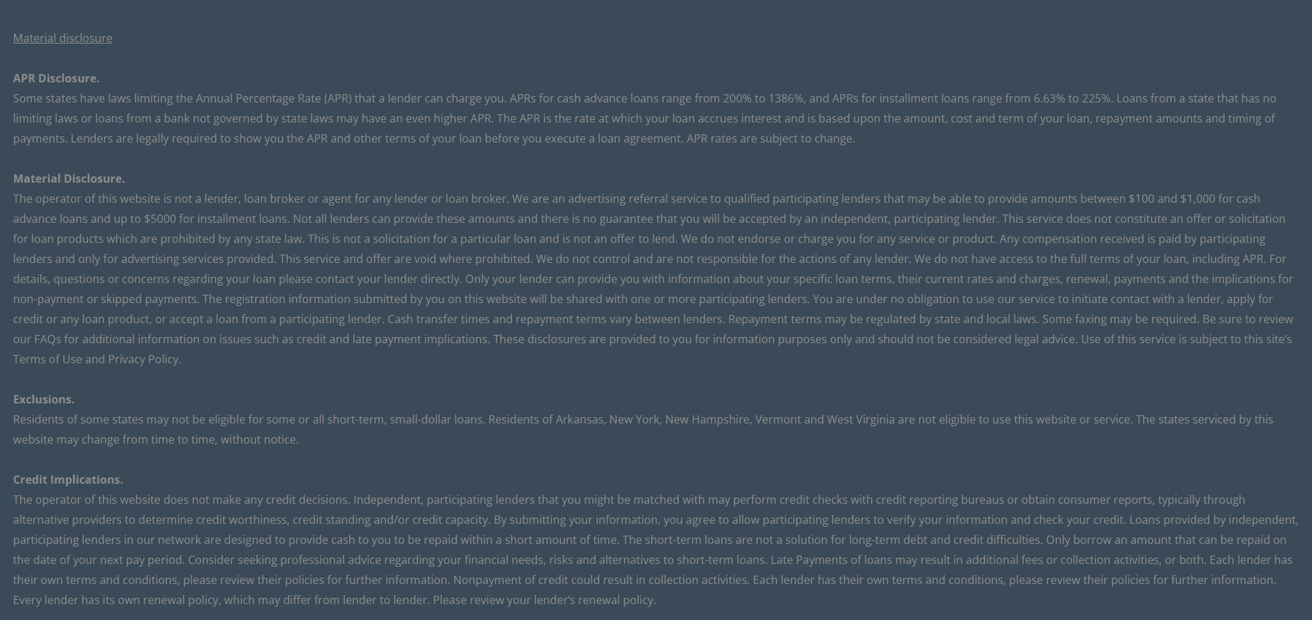 Material disclosure for payday loans in Manchester New Hampshire